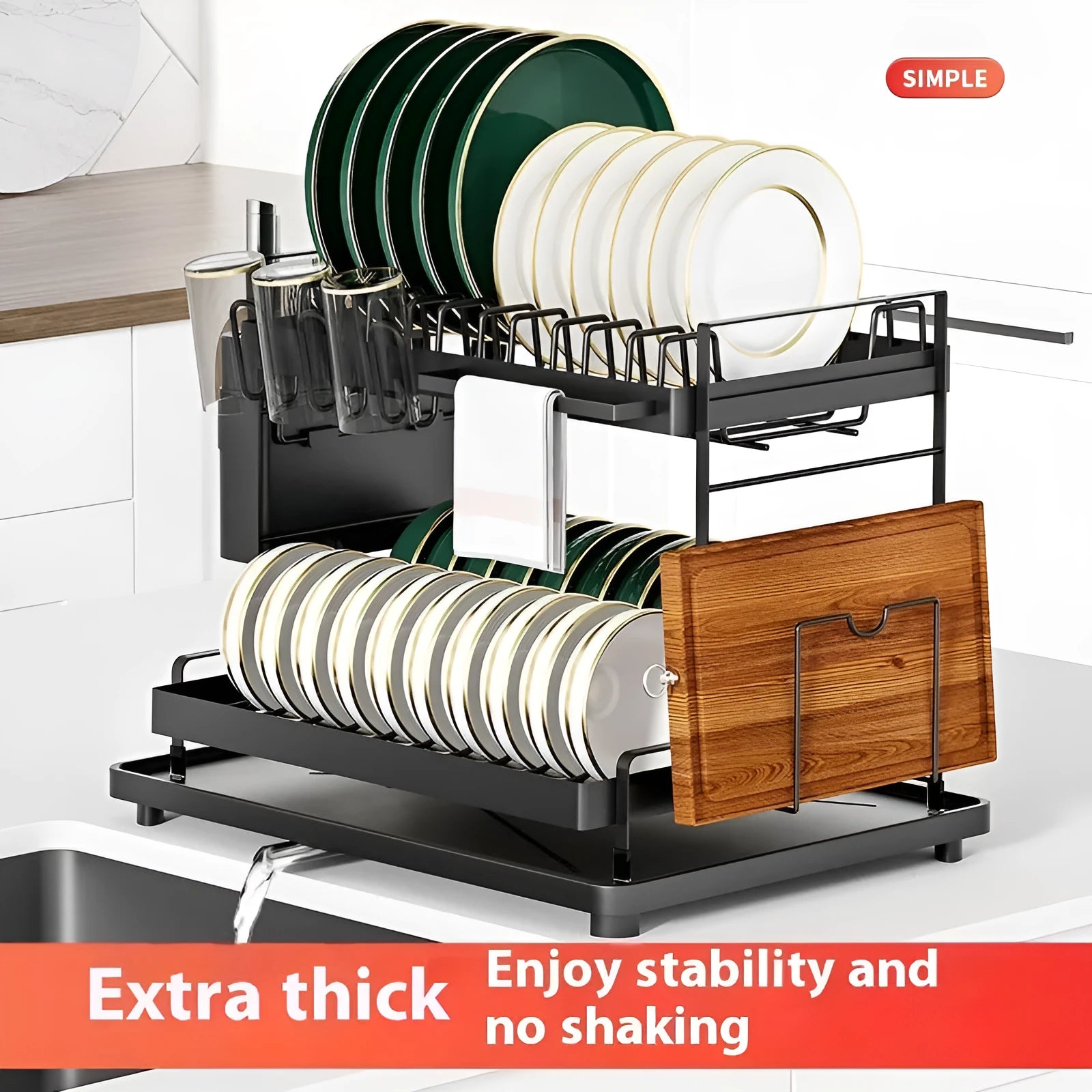 White double-layer kitchen storage rack with removable draining components on countertop