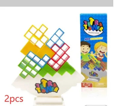 Plastic balance stacking board game with coloured blocks, chassis, and base for kids and adults.