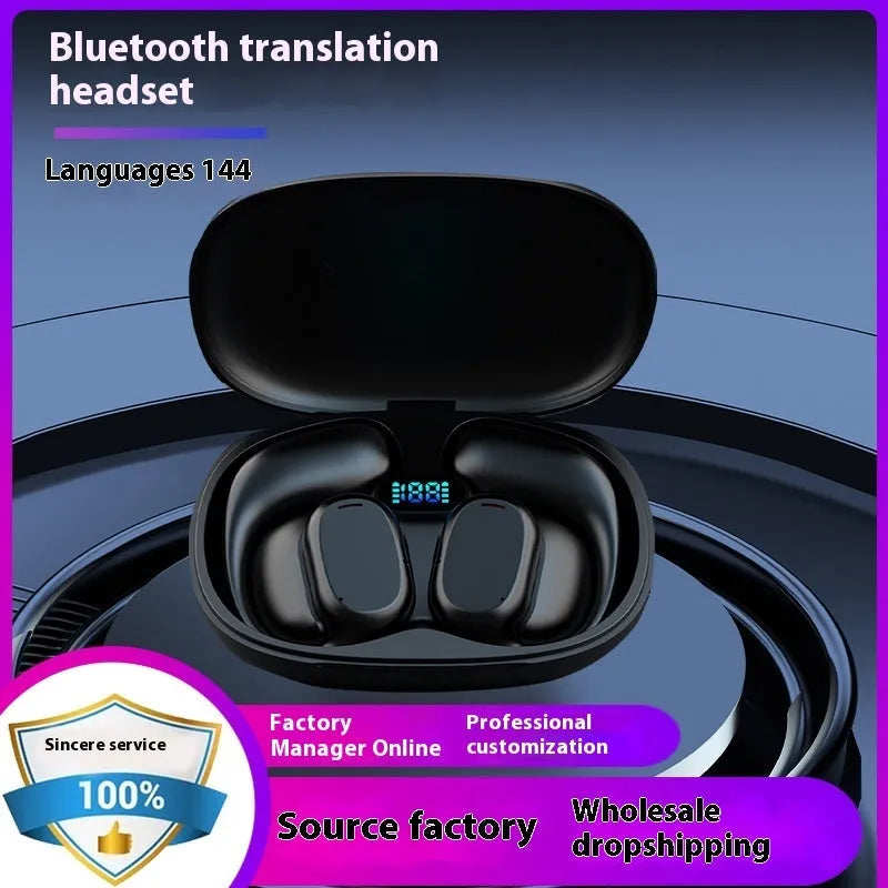 Two ear noise reduction Bluetooth translation earphones in black with simultaneous interpretation feature for multi-country use