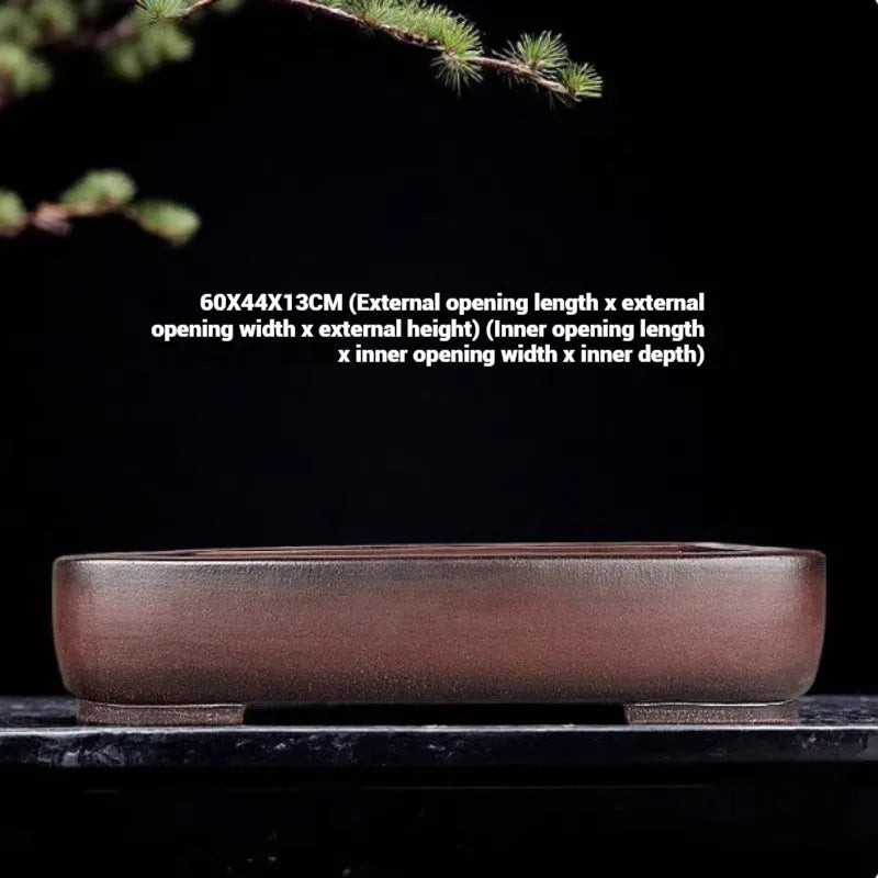 Handmade rectangular purple clay flower pot with antique finish showing substantial size