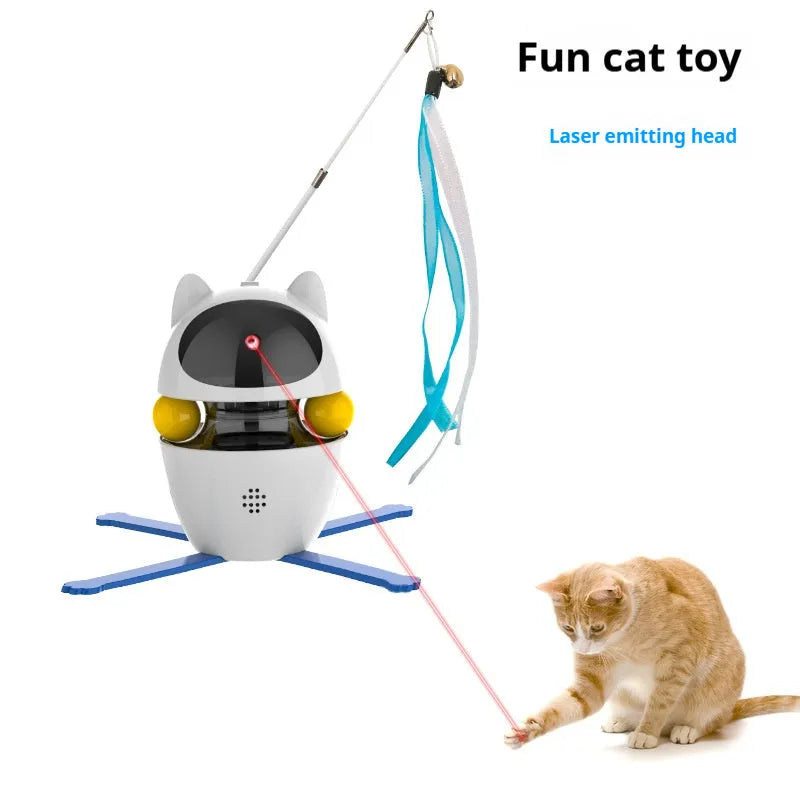 White automatic electronic cat toy with rotating stick and elastic rope for indoor feline entertainment