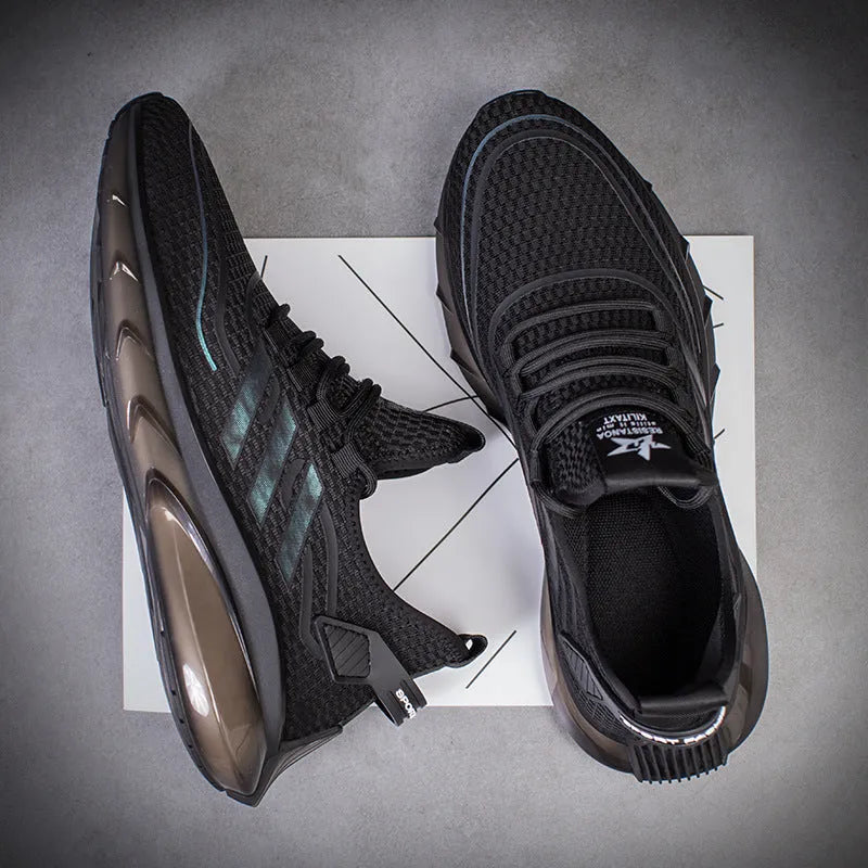 Men's breathable fly woven shock absorption sports casual shoes in openwork black, low heel