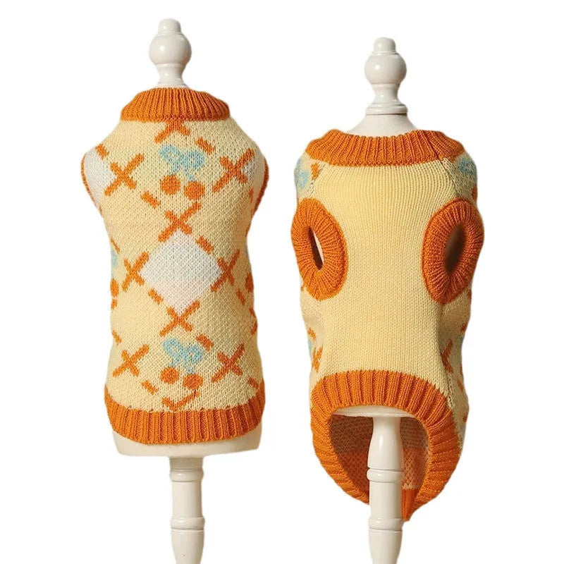 Orange cherry diamond knit cat sweater for autumn winter wear with windproof properties