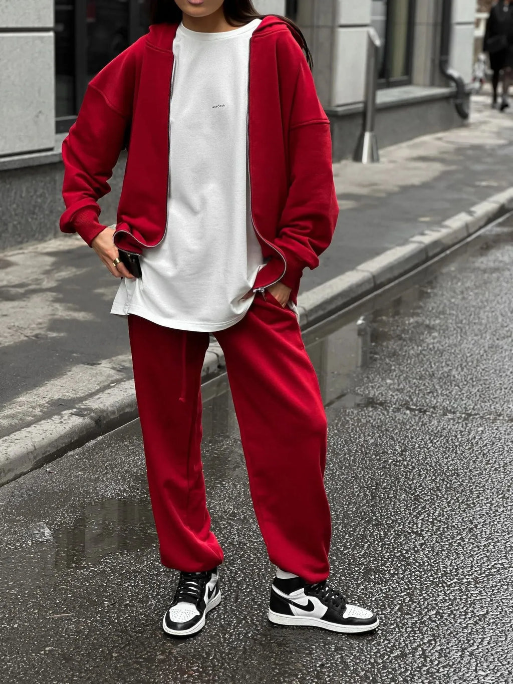 Street style loose fit two-piece set with long-sleeved coat and matching trousers in solid colour