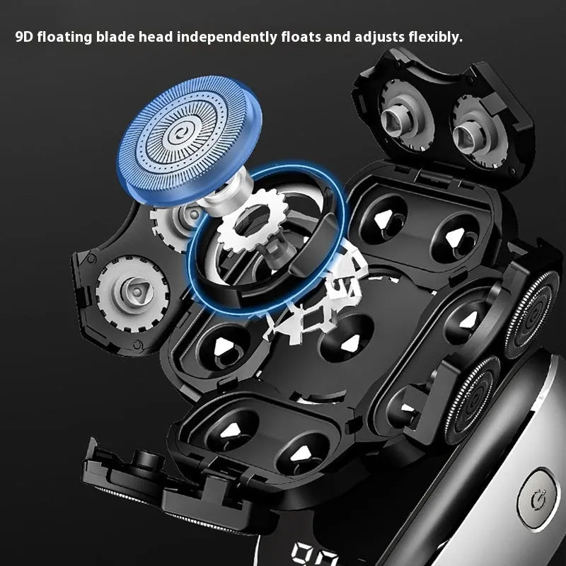Black rechargeable 6-in-1 hair clipper grooming kit with multiple attachments laid out.