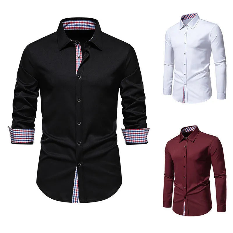 Men's loose fit plaid long-sleeved casual shirt in cardigan style on a hanger.