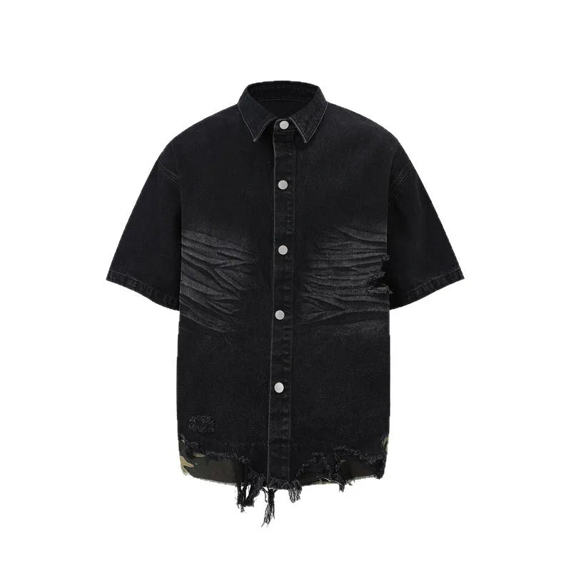 Leopard print denim short sleeve jacket and matching shorts with cut edge stitching detail