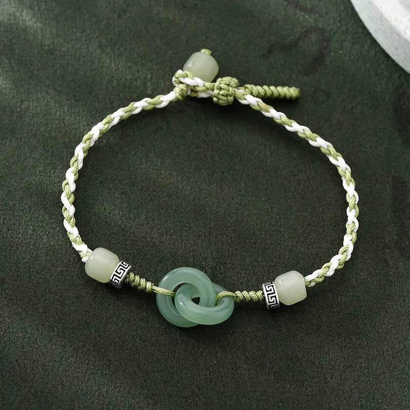 Green copper ethnic bracelet with a peace buckle and jade double rings, animal Zodiac modelling.