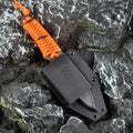 Multi-function survival knife with straight blade and rope handle showing ABS sheath