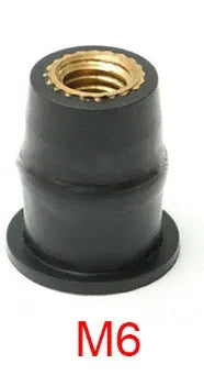 Set of 10 black rubber and brass well nut fasteners for motorcycle modification in M4 M5 M6 sizes.