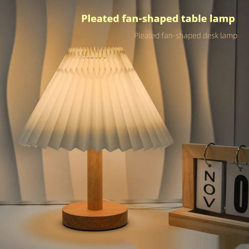 Vintage pleated umbrella shaped USB bedside lamp with remote control in red colour