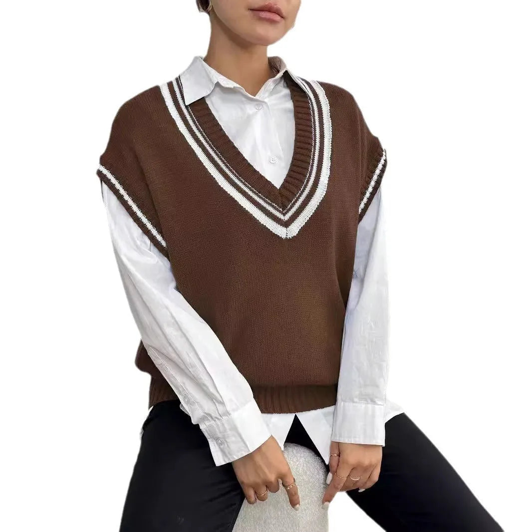 Women's loose-fit acrylic blend vest sweater in black, blue, or coffee, college style.