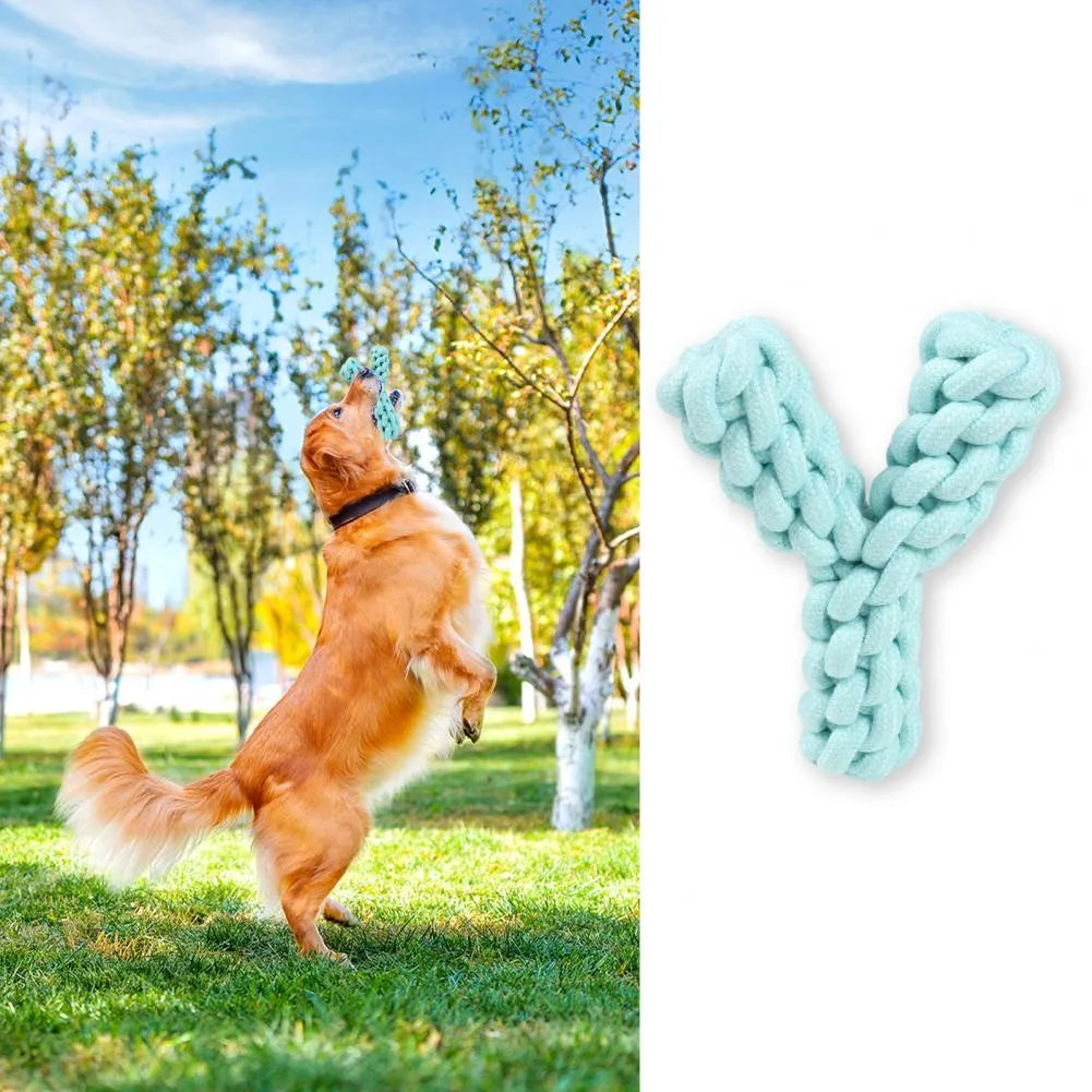 Blue Y-shaped cotton rope dog chew toy for large dogs on a white background.