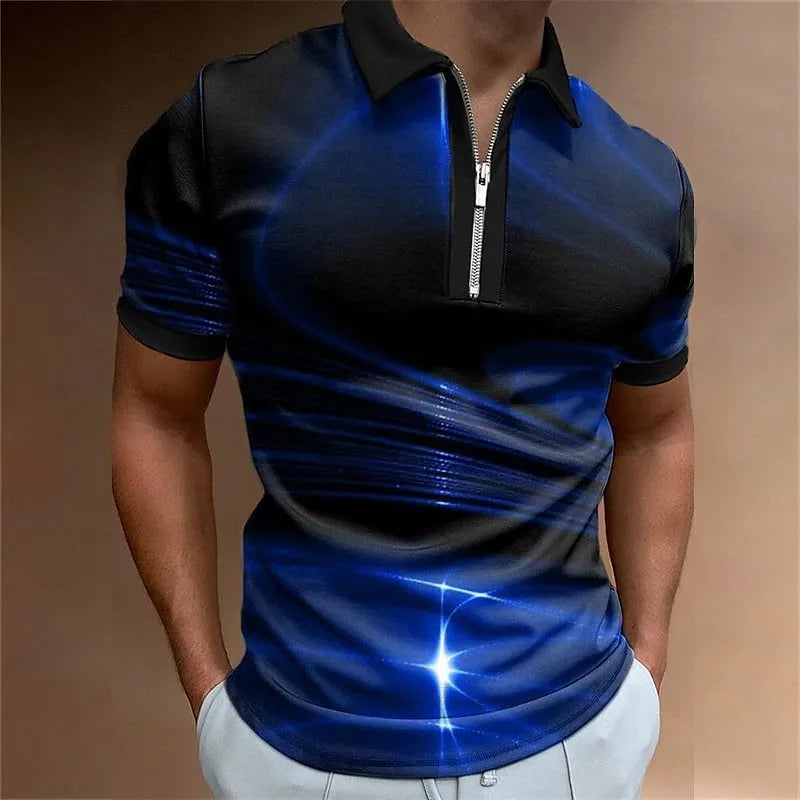 Men's blue printed zipper polo shirt with lapel collar and short sleeves