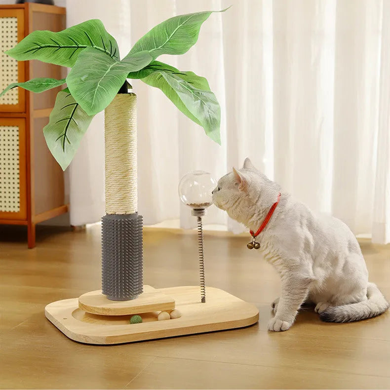 A vertical, canna-coloured wooden cat scratching post with a chamfered column design on a simple base.