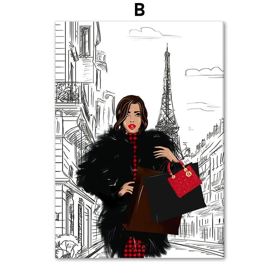 Modern cartoon canvas wall art print featuring a fashion bag girl with balloons and champagne.