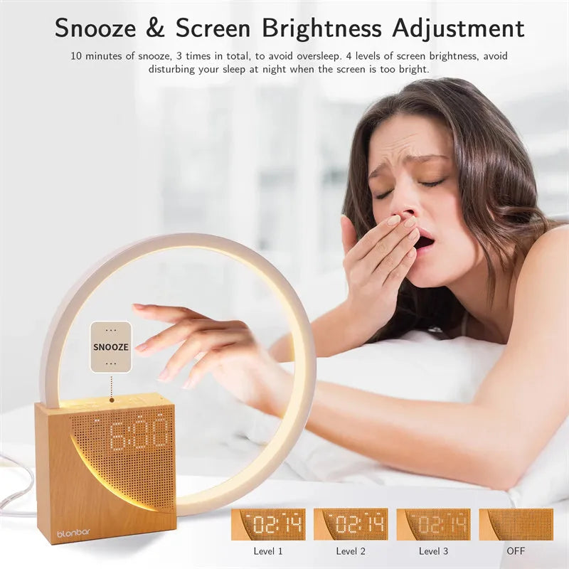 Navy blue wooden finish touch control bedside lamp with digital alarm clock display and natural sounds.