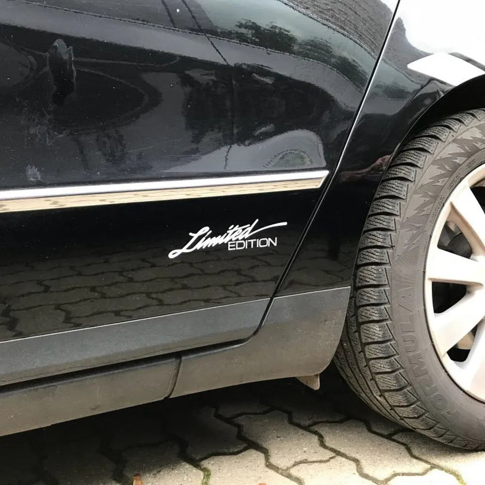 Reflective plastic bumper sticker with English text, shown in black, white, and colourful variants.