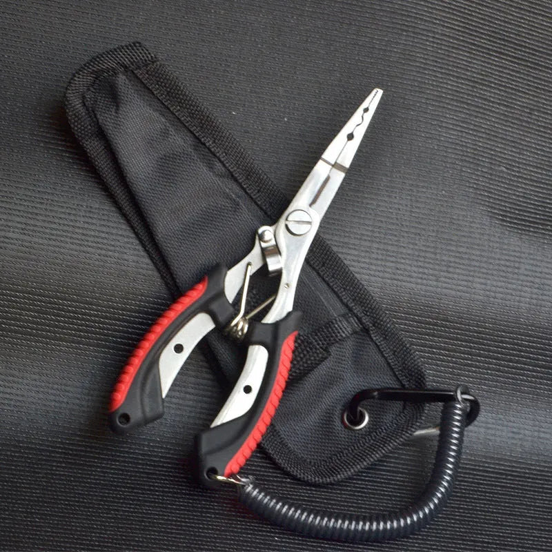 SS420 steel fishing pliers with straight mouth and hook, red blue green handle options