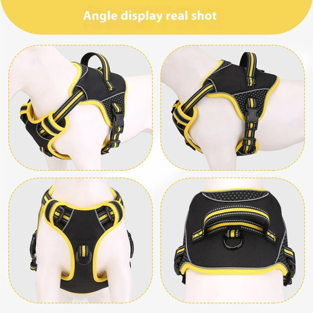 Yellow polyester dog harness with attached traction strap for outdoor control.