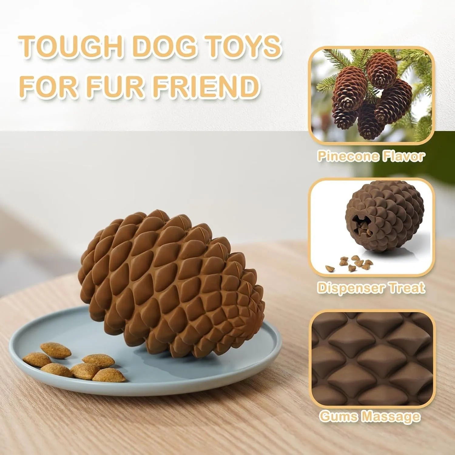 Yellow natural rubber pine cone-shaped dog toy with textured surface and treat dispenser hole.