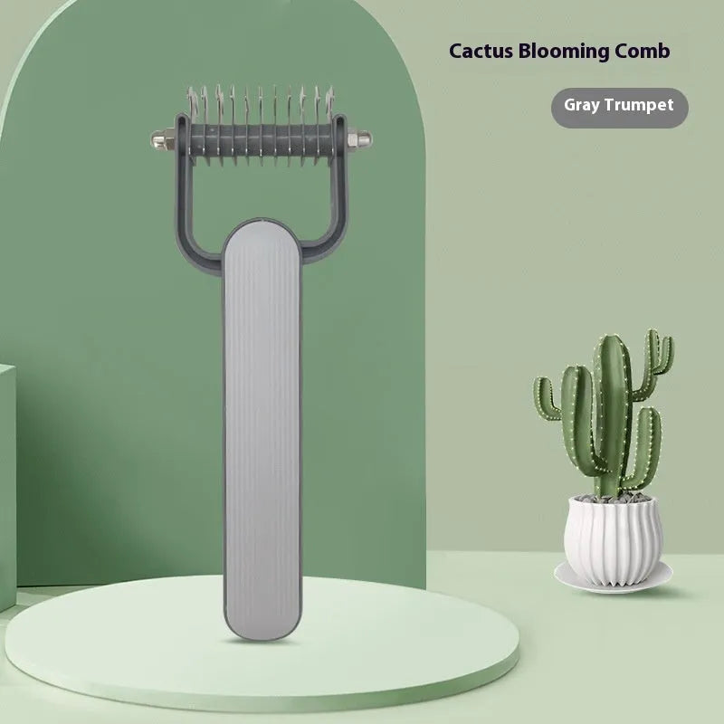 A green and grey dog detangling comb made from PP plastic and stainless steel, shown in small and large size options.