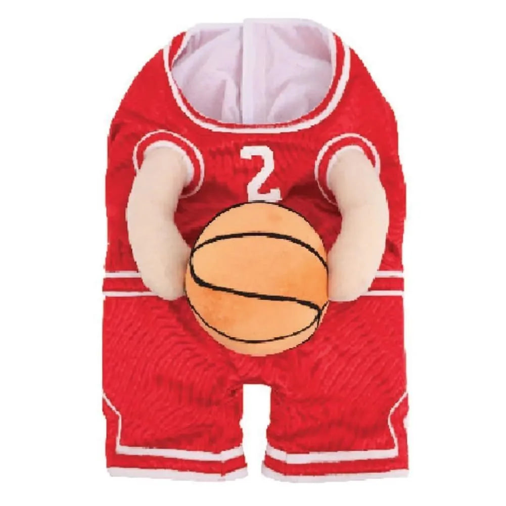 Red or yellow basketball jersey costume for a dog, shown with a matching basketball.