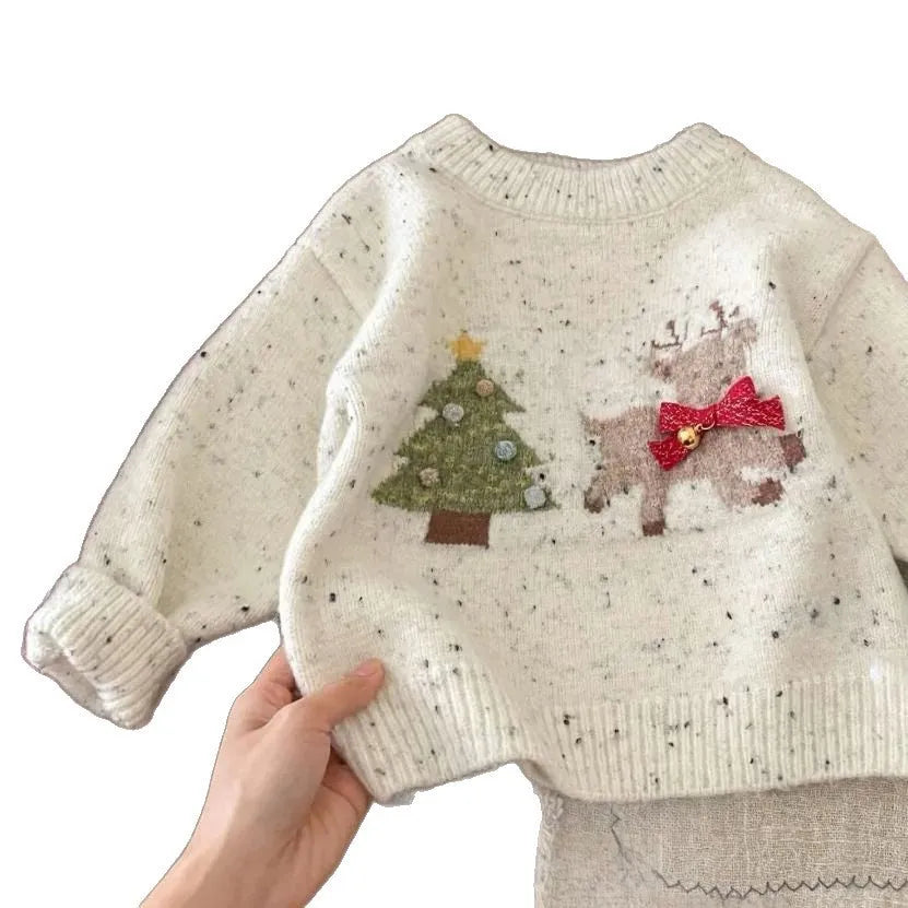 Apricot knitted western style children's sweater for girls with long sleeves, suitable for heights 80-130cm