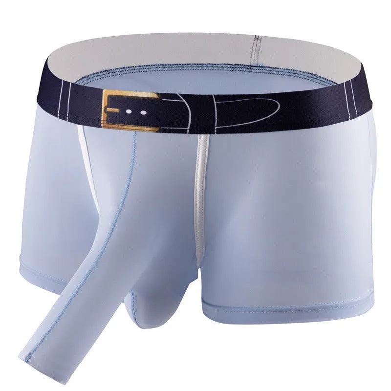 A pair of solid grey men's Ice Silk boxer shorts laid flat, showing the mid-waist design and soft fabric texture.
