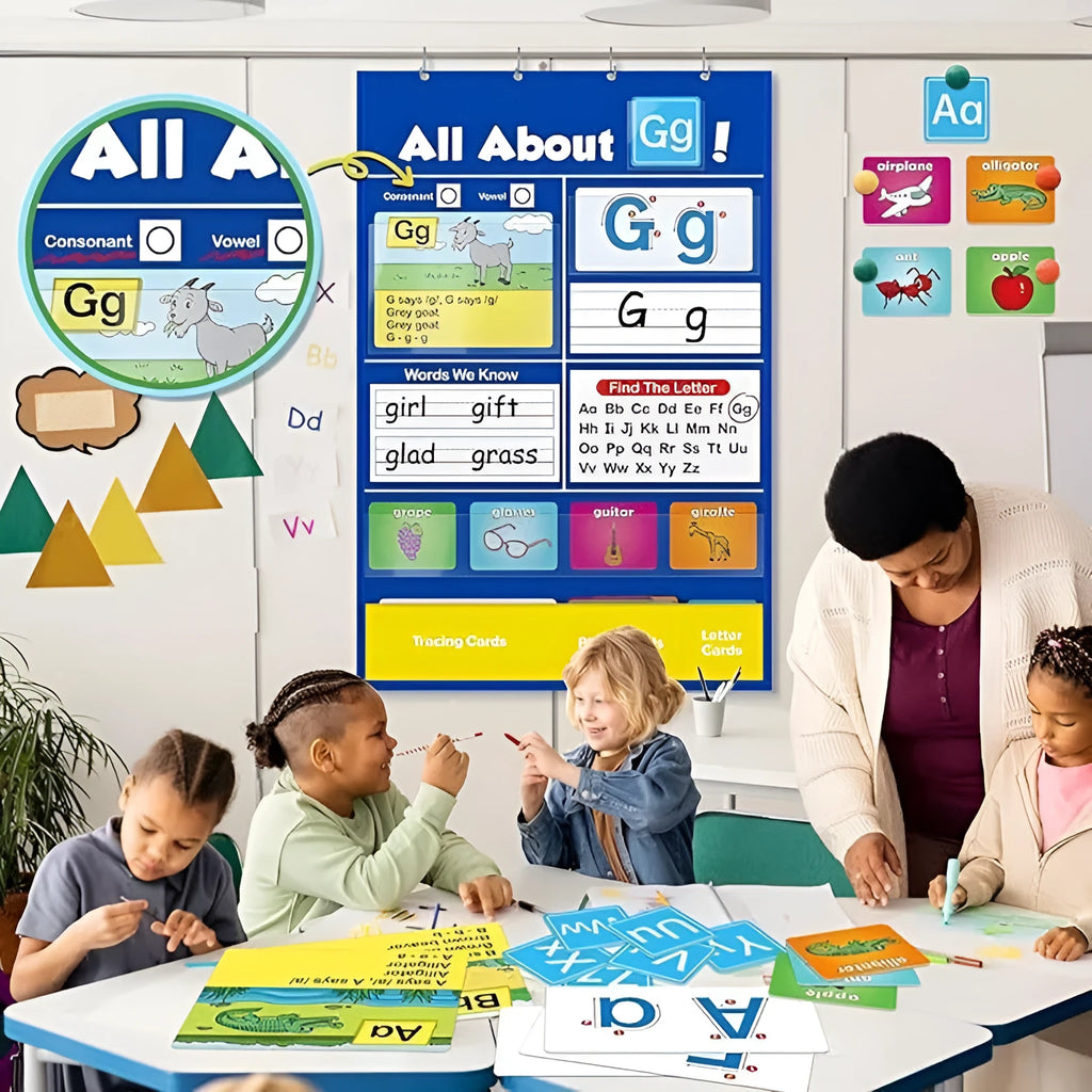 Alphabet learning chart with letter cards, word cards, and picture cards laid out on a table.
