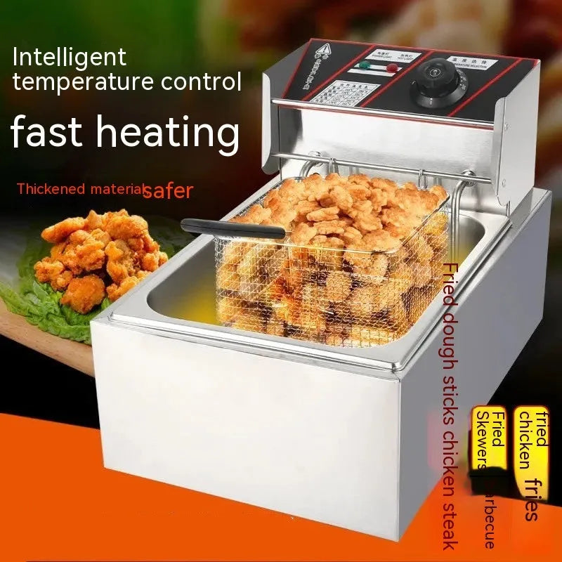 Commercial stainless steel deep fryer with large oil tank, temperature control dial, two frying baskets, and lid