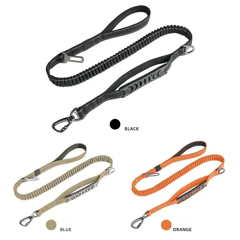 Retractable dog leash with reflective strip and comfort grip handle in black, orange, and khaki colours