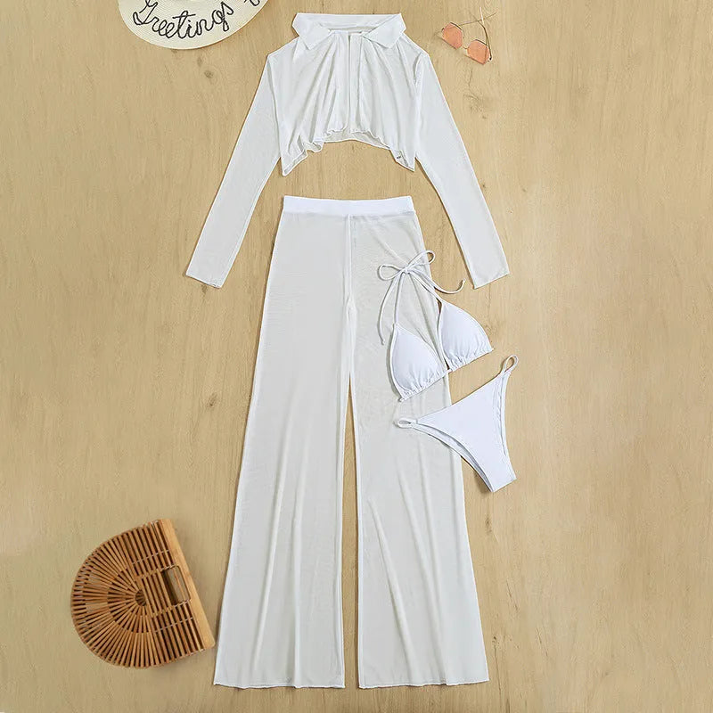 Women's white high waist swimsuit four-piece set with backless design