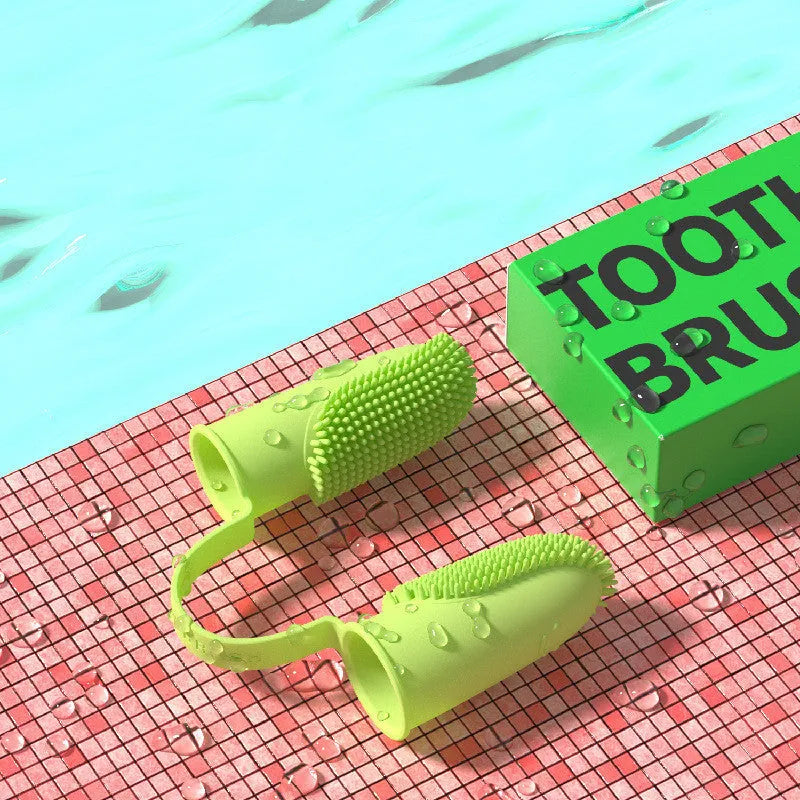 TPR pet dental finger brush set in pink, blue green, and grass yellow colours for dog and cat teeth cleaning