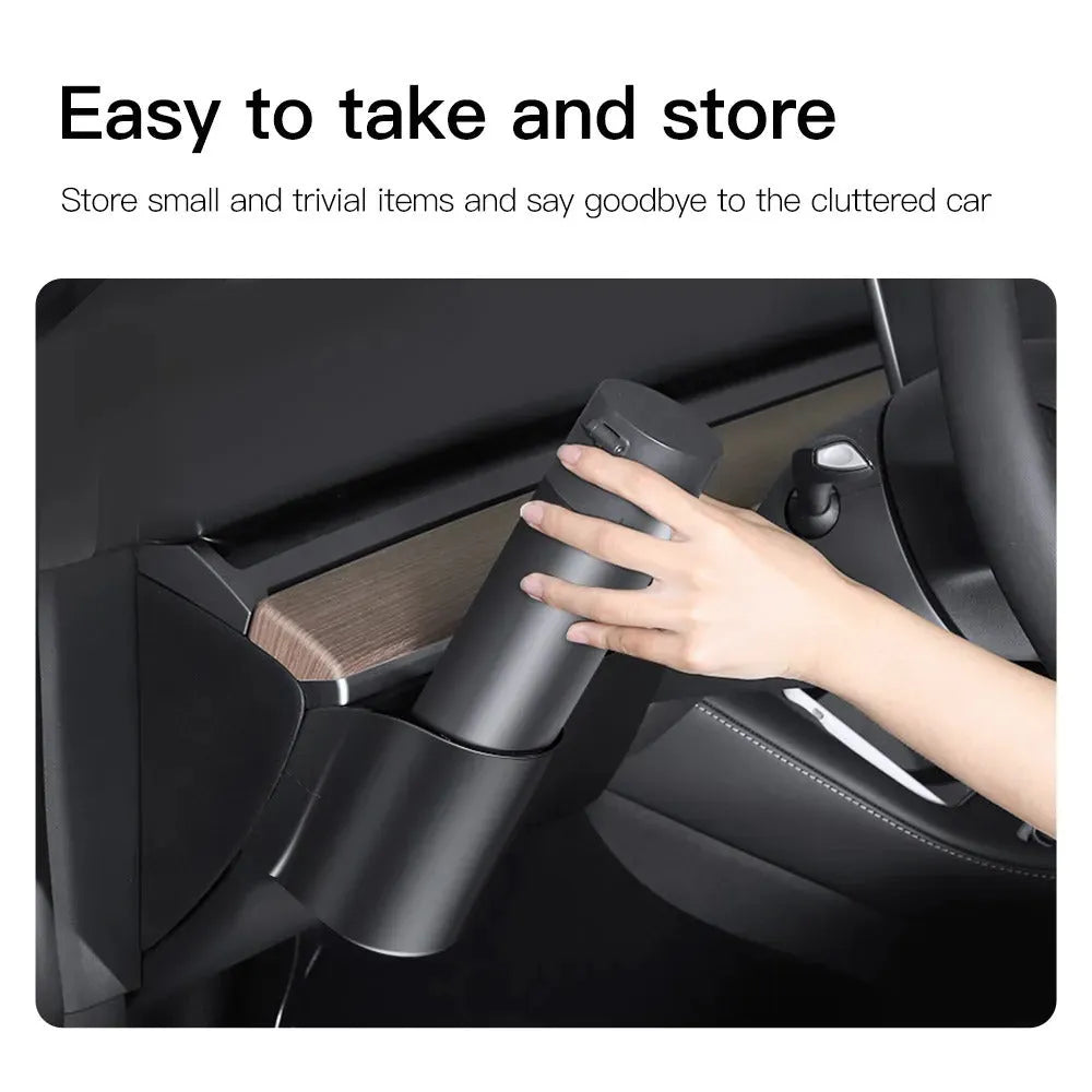 Tesla Model 3 and Model Y dashboard water cup holder with handle in left-hand drive configuration