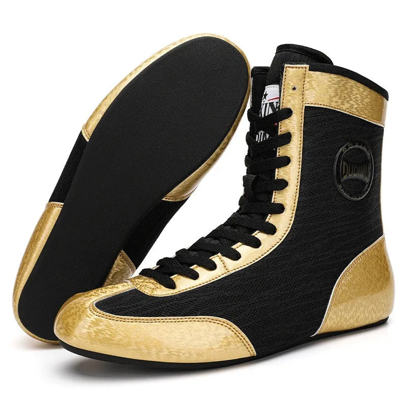 Professional black and gold mesh boxing shoe for indoor wrestling and training.