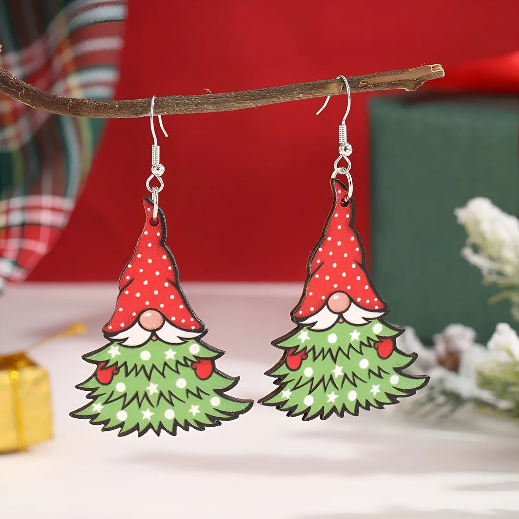 Wooden Christmas earrings with printed Christmas Tree and Water Drop Christmas Snowman designs