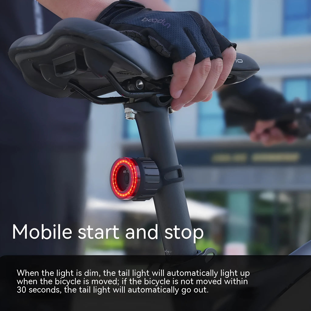 Black intelligent induction brake taillight for bicycles with aluminium alloy housing and seat tube bracket.