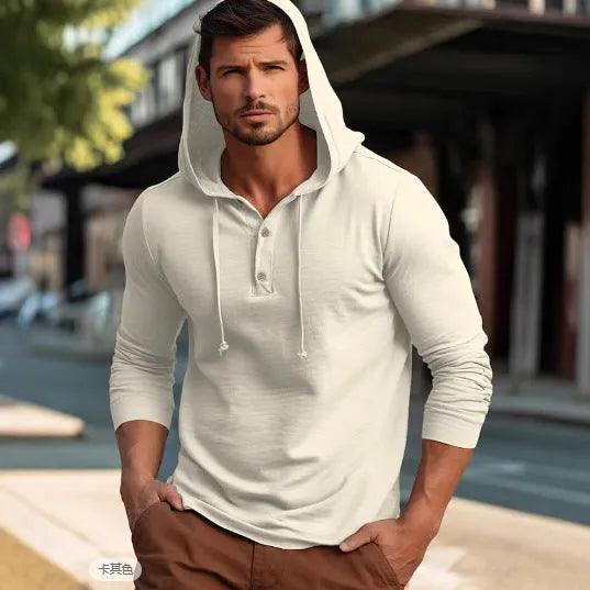 Men's casual cotton sports hoodie in dark blue colour, showing pullover style and long sleeves.