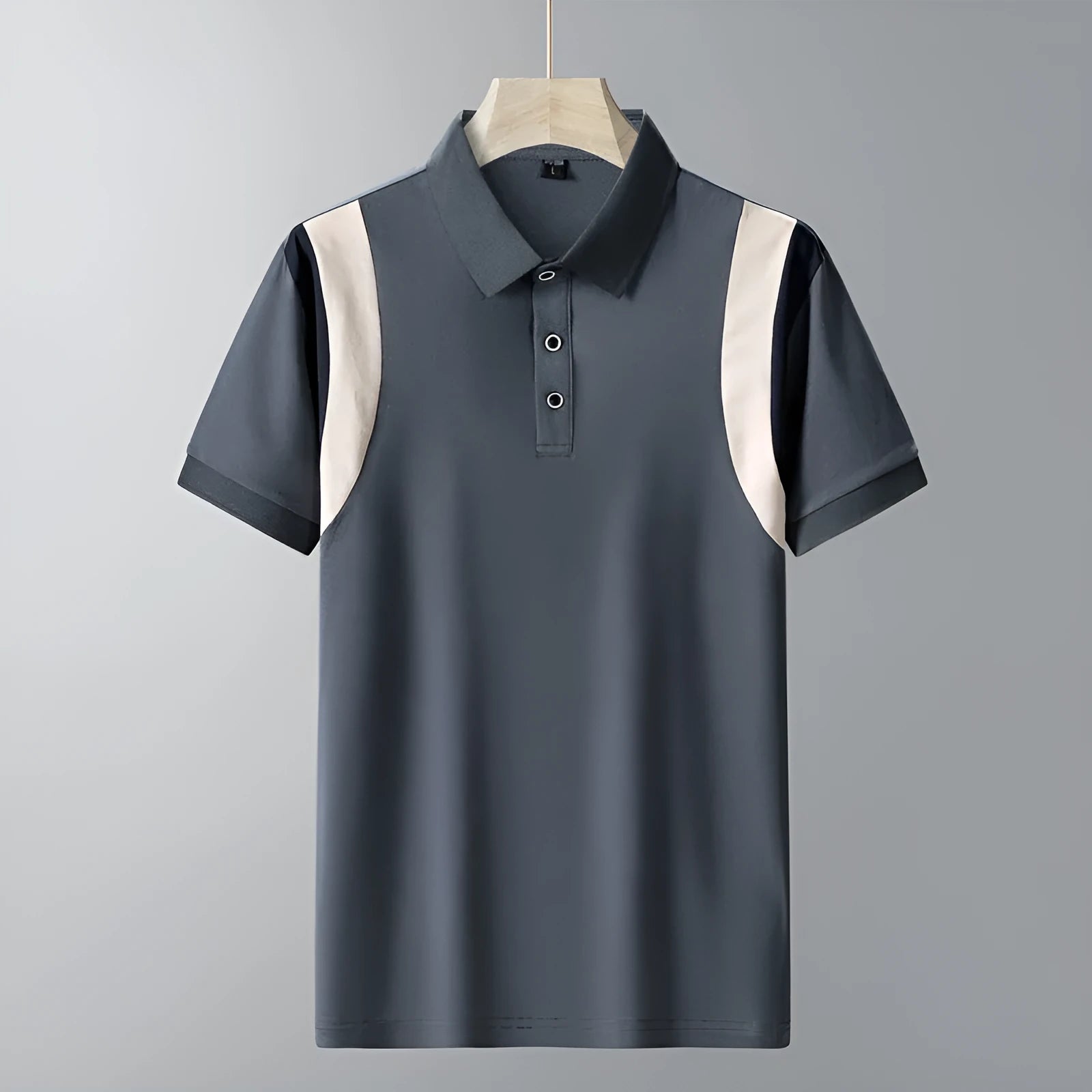 Men's striped short-sleeved cotton T-shirt in loose Korean-style fit on a hanger.