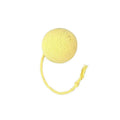 Cat toy ball with integrated rope and bell in green pink purple yellow colours