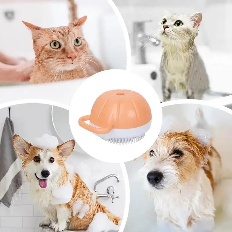 Orange TPR pet bath brush with shampoo dispenser and silicone bristles for dog and cat grooming
