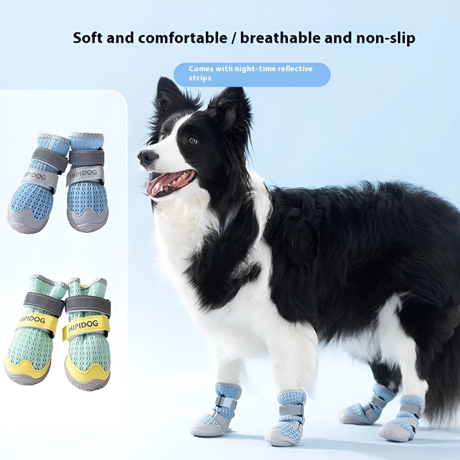 Pair of blue breathable dog shoes with anti-scald soles for summer paw protection