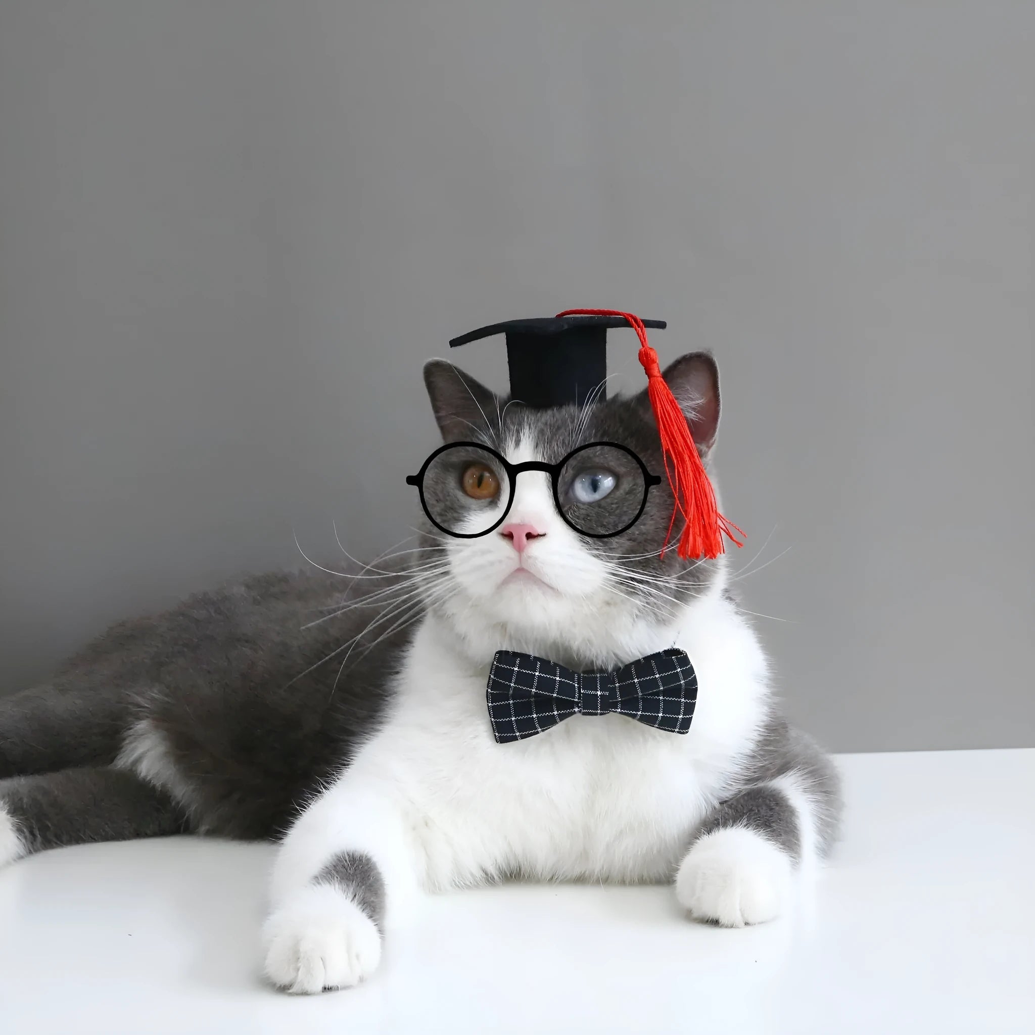 Small cat wearing a British style doctor's degree themed hair band and black plaid bow tie.