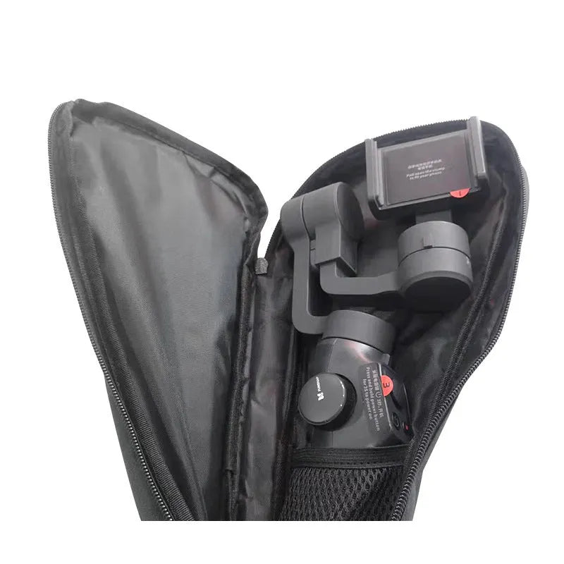 Black cloth storage bag for mobile phone stabiliser accessories showing compact size