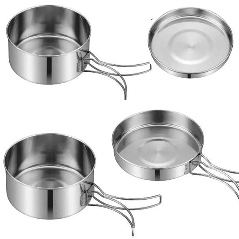 Silver stainless steel round camping cookware set with four pieces for outdoor use