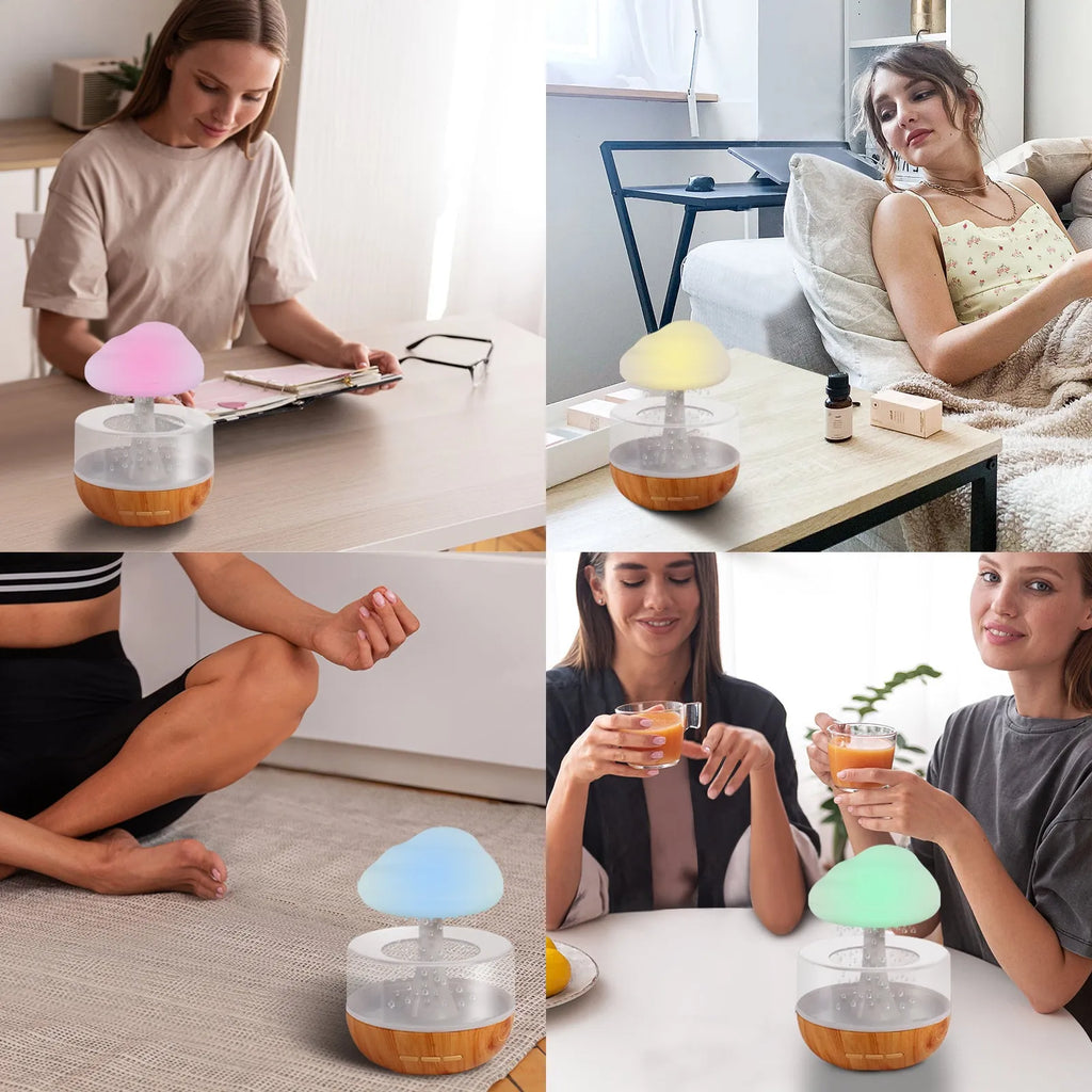 White raining cloud shaped micro humidifier with night light and essential oil diffuser on desk