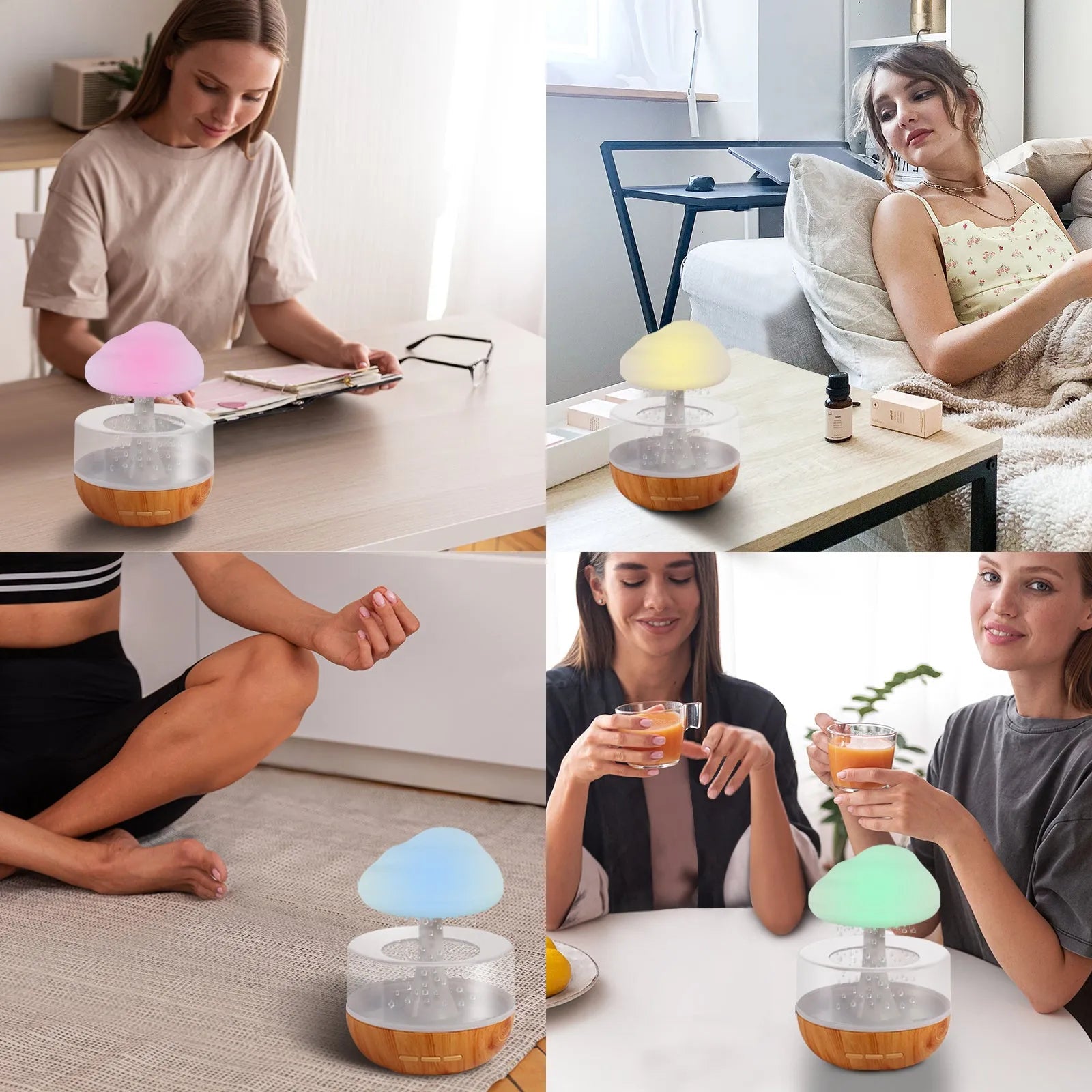White raining cloud shaped micro humidifier with night light and essential oil diffuser on desk