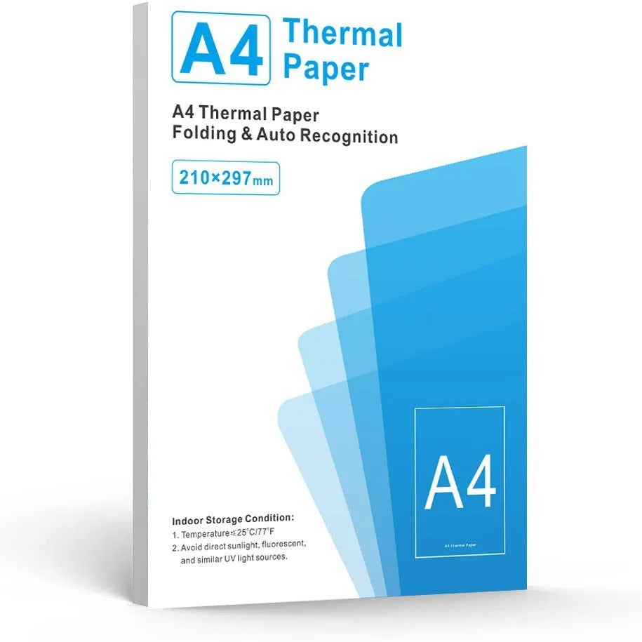 Pack of white A4 quick-drying thermal paper sheets for portable thermal printers, showing packaging options.