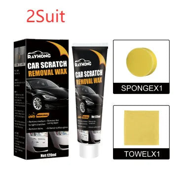 Car scratch wax kit showing 120ml tube, applicator sponge and microfiber towel for automotive paint maintenance